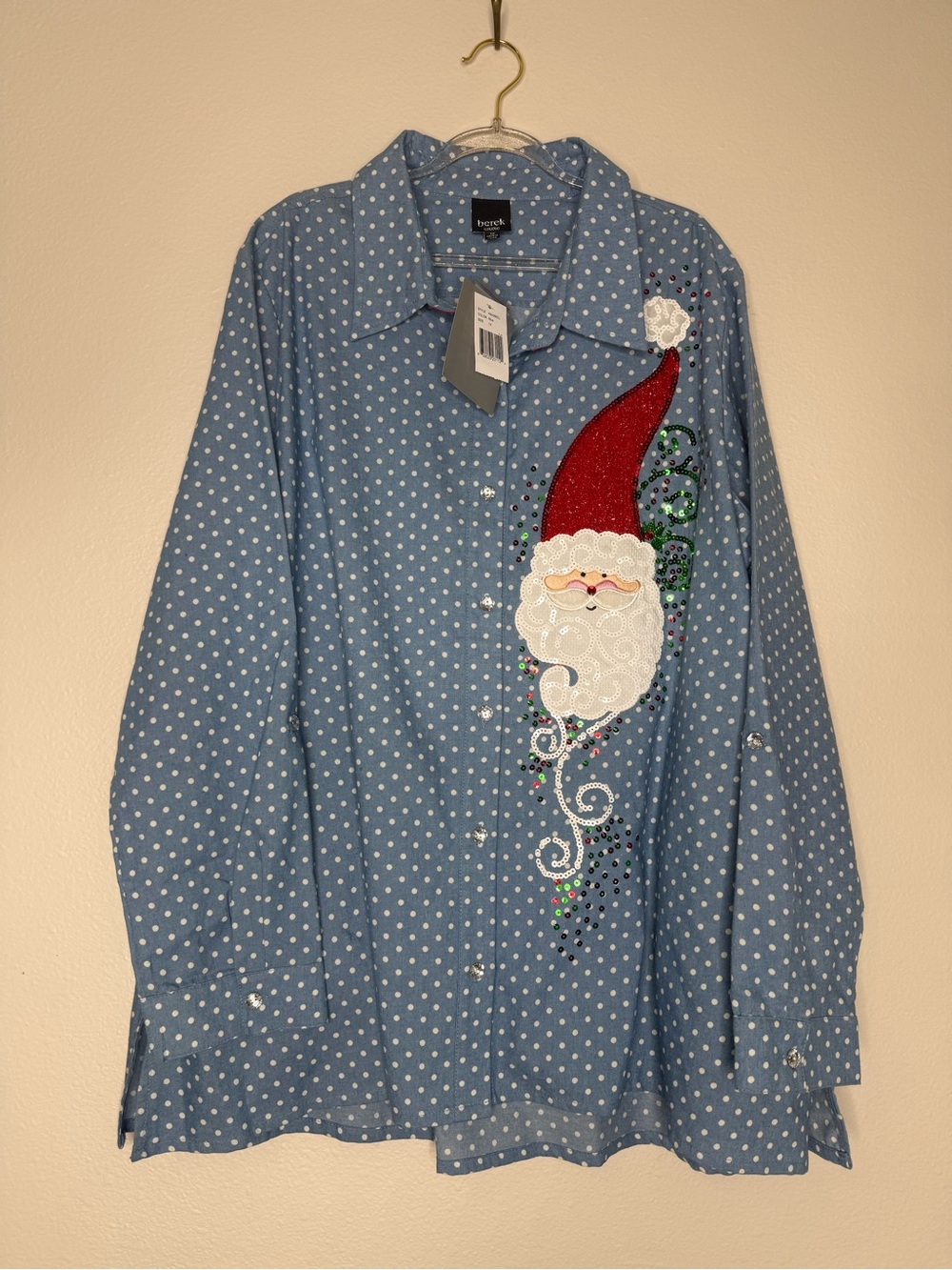 Berek NEW Blue Polka Dot Button-Down Shirt with Santa Applique Christmas NWT 1X